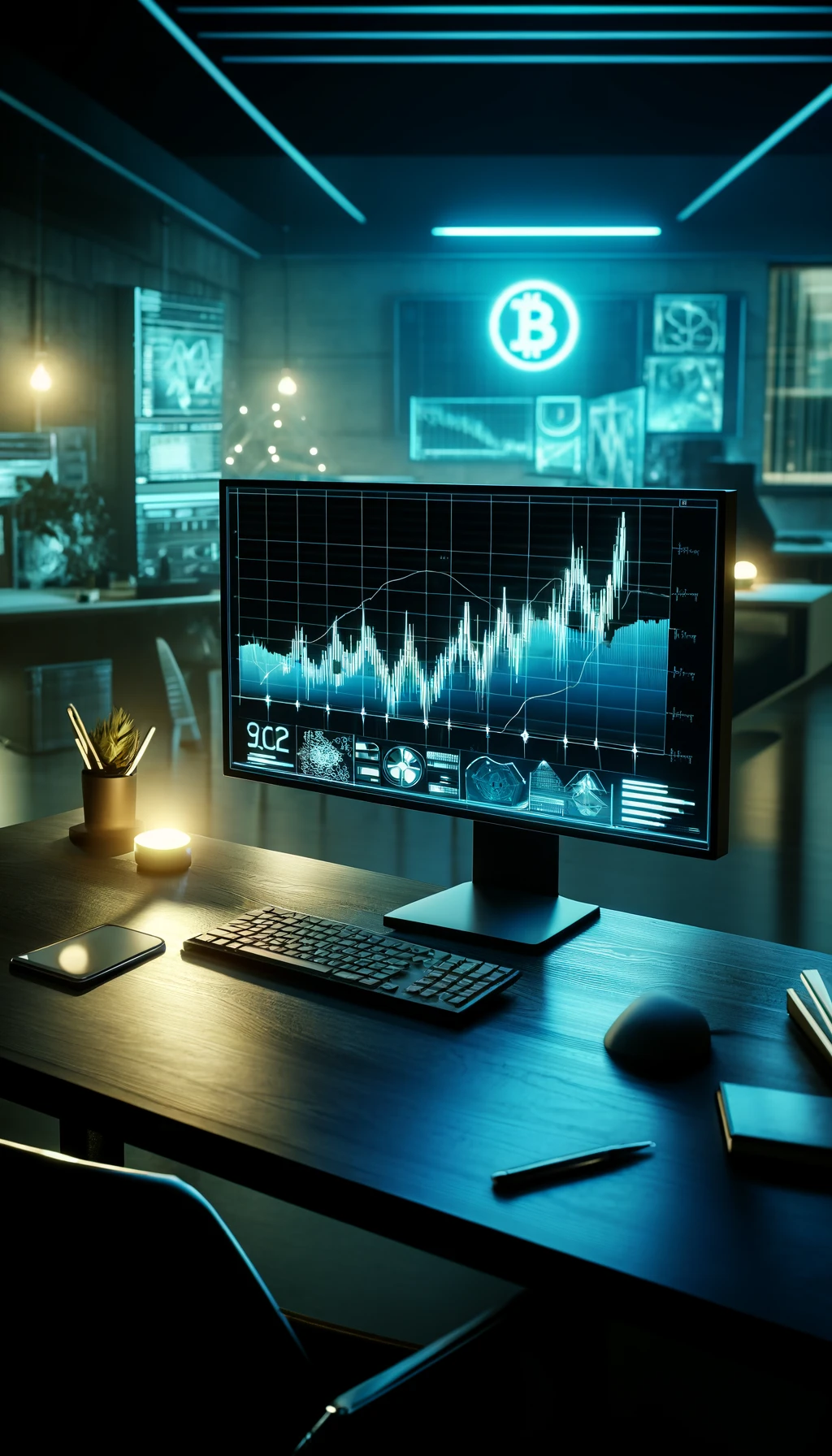 DALL·E 2024-04-12 00.33.41 - A vertical image of a professional workspace focused on crypto trading. The scene includes a monitor displaying a dynamic finance chart with cryptocur