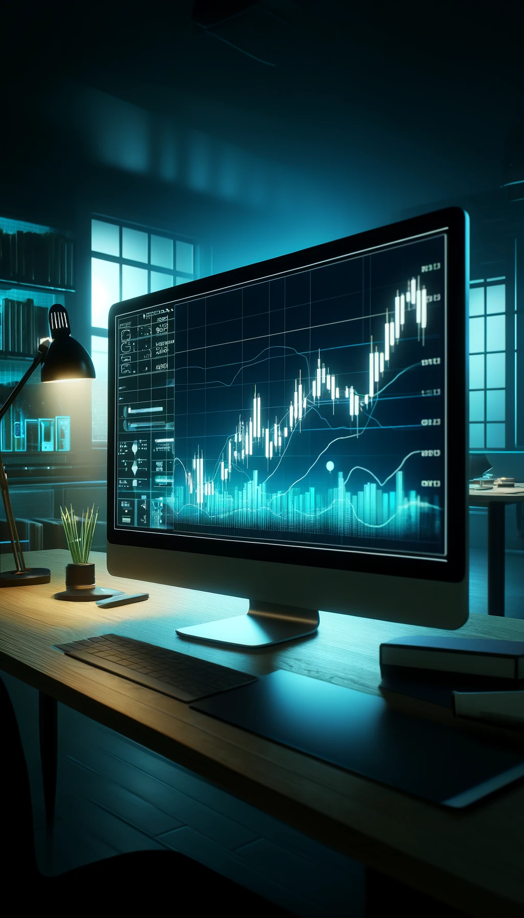DALL·E 2024-04-12 00.47.11 - A vertical image of a professional workspace displaying a large monitor with a detailed stock candlestick chart showing historical data. The scene is